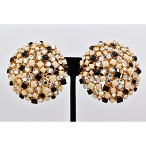 Craft Vintage Crystal Dome Clip On Earrings Black White Enamel Signed 80s BinAI